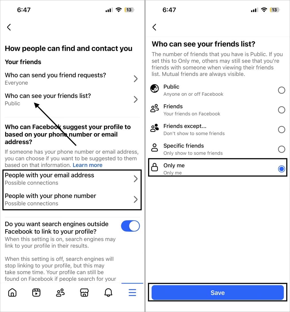 Control who can see your facebook friend list email and phone lookup