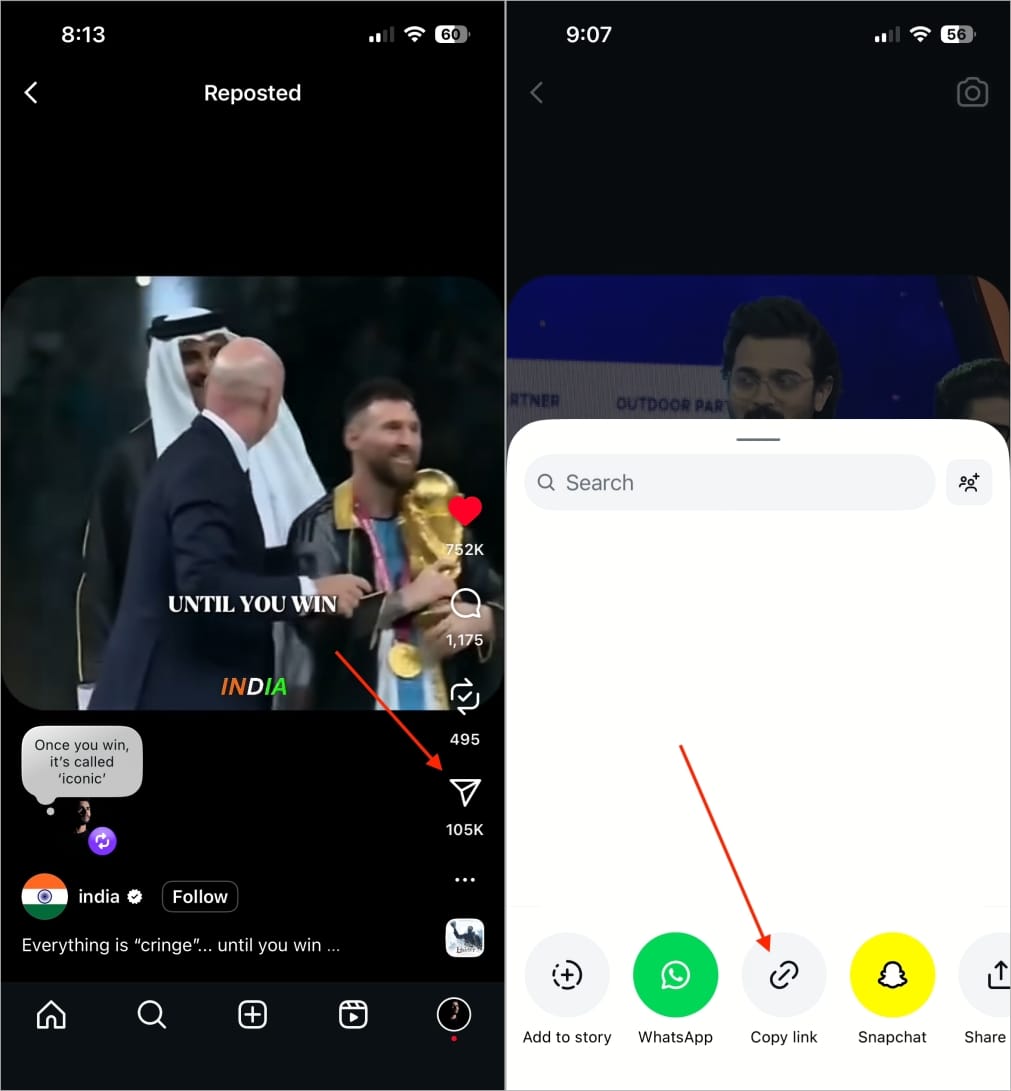 Copy instagram reel link using share icon