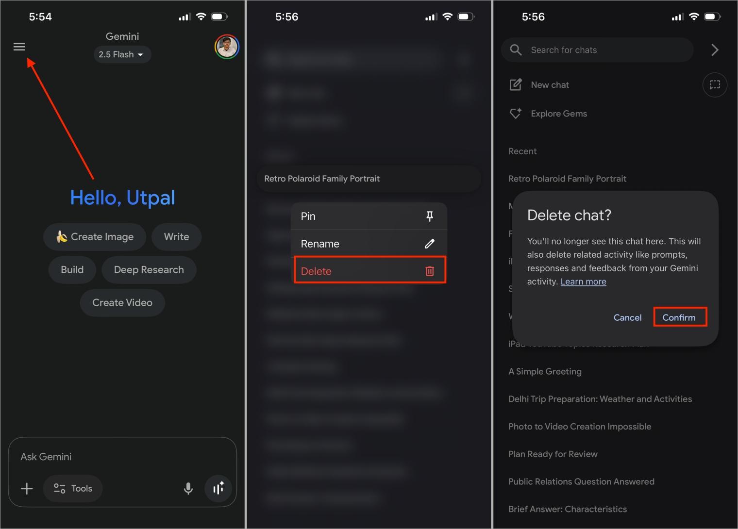 Delete chats in google gemini on mobile