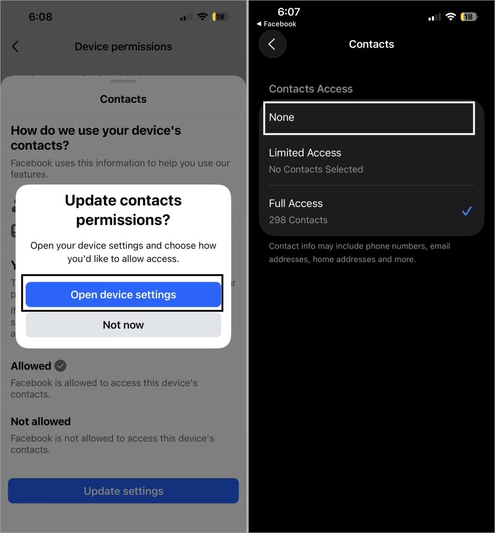 Deny facebook contacts access in phone device settings