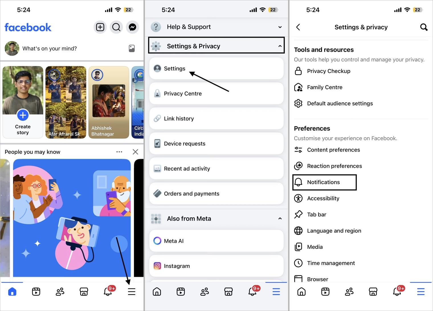 Facebook app settings menu for managing notifications on mobile