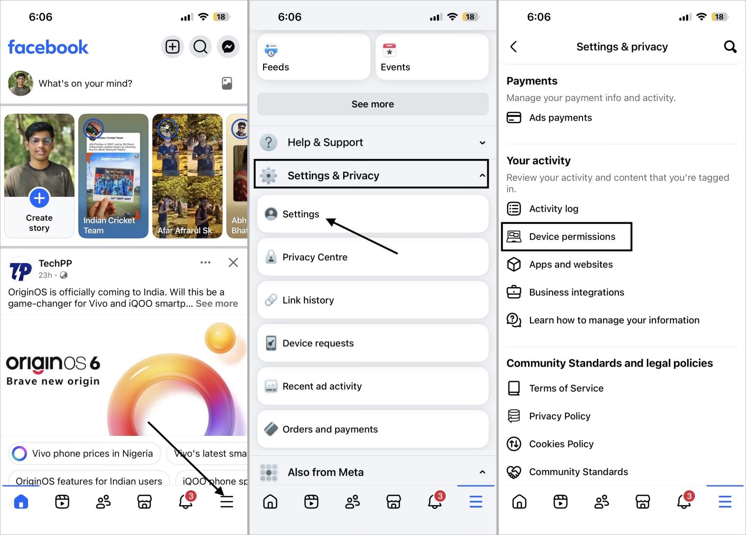 Facebook mobile app device permissions in settings menu