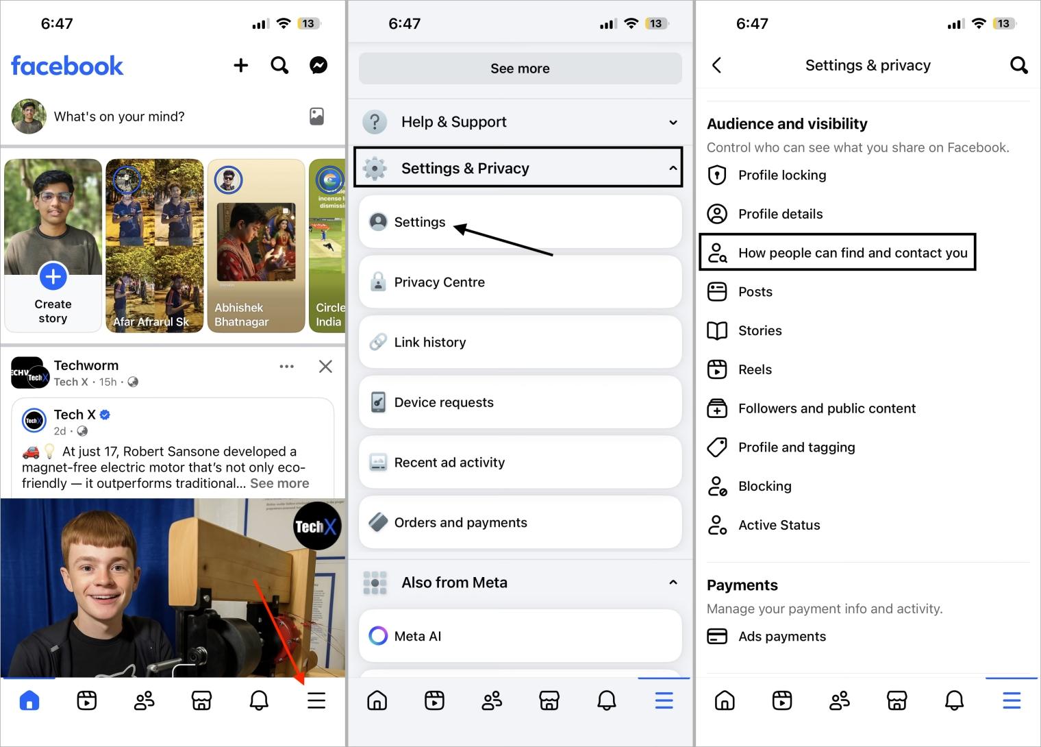 Facebook settings for how people can find and contact you