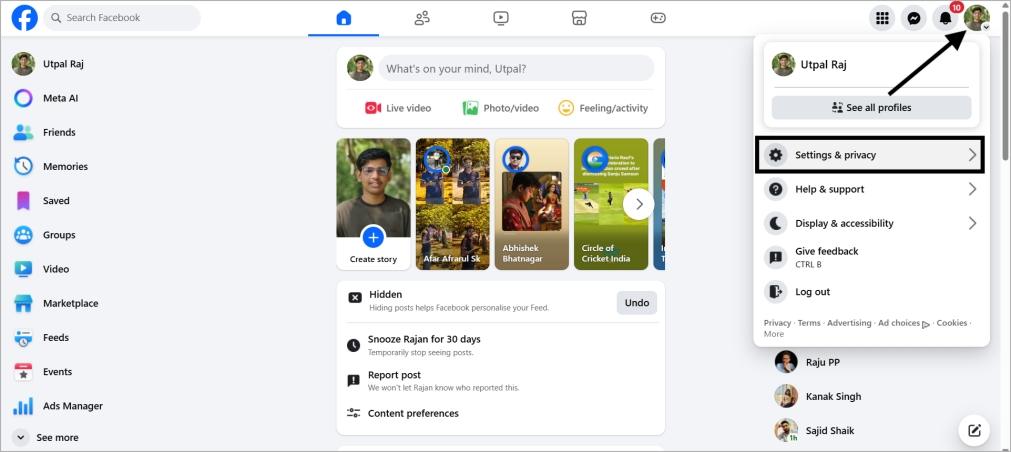 Facebook website account menu to access settings and privacy