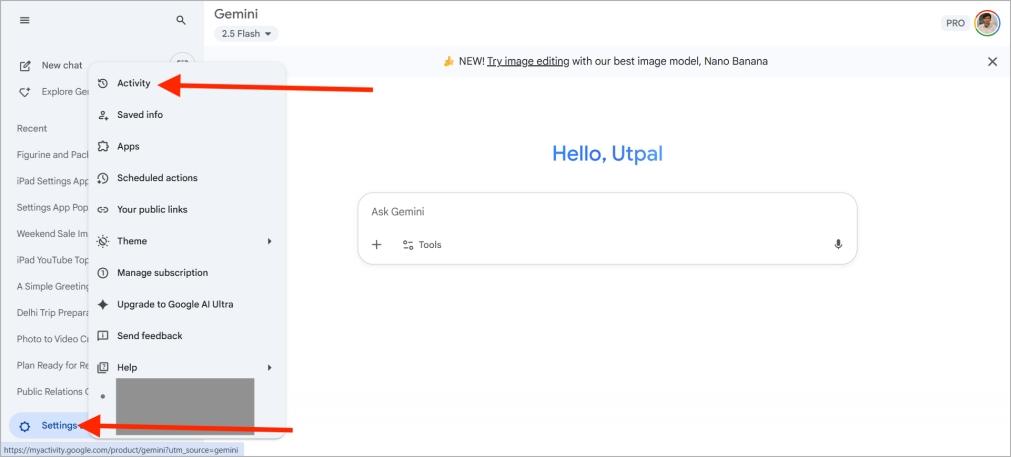 Go to settings your activity in gemini web