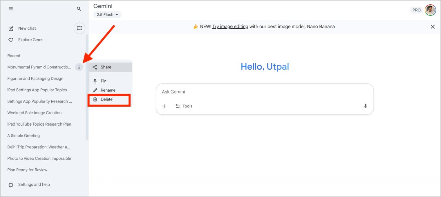 Google gemini desktop chat sidebar with three dot menu to delete conversation