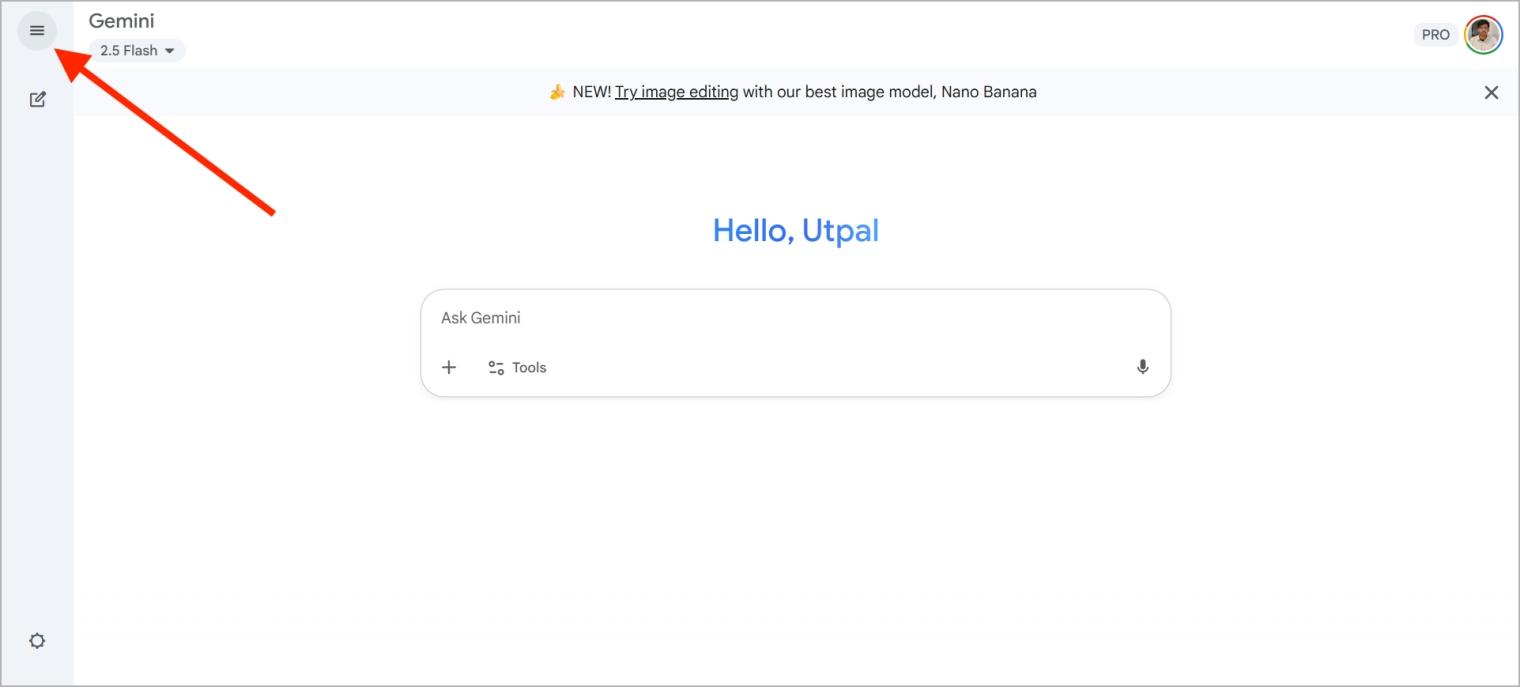 Google gemini desktop menu with three horizontal lines in top left corner
