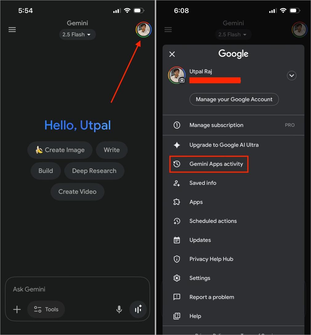 Google gemini mobile app with profile icon and gemini activity menu