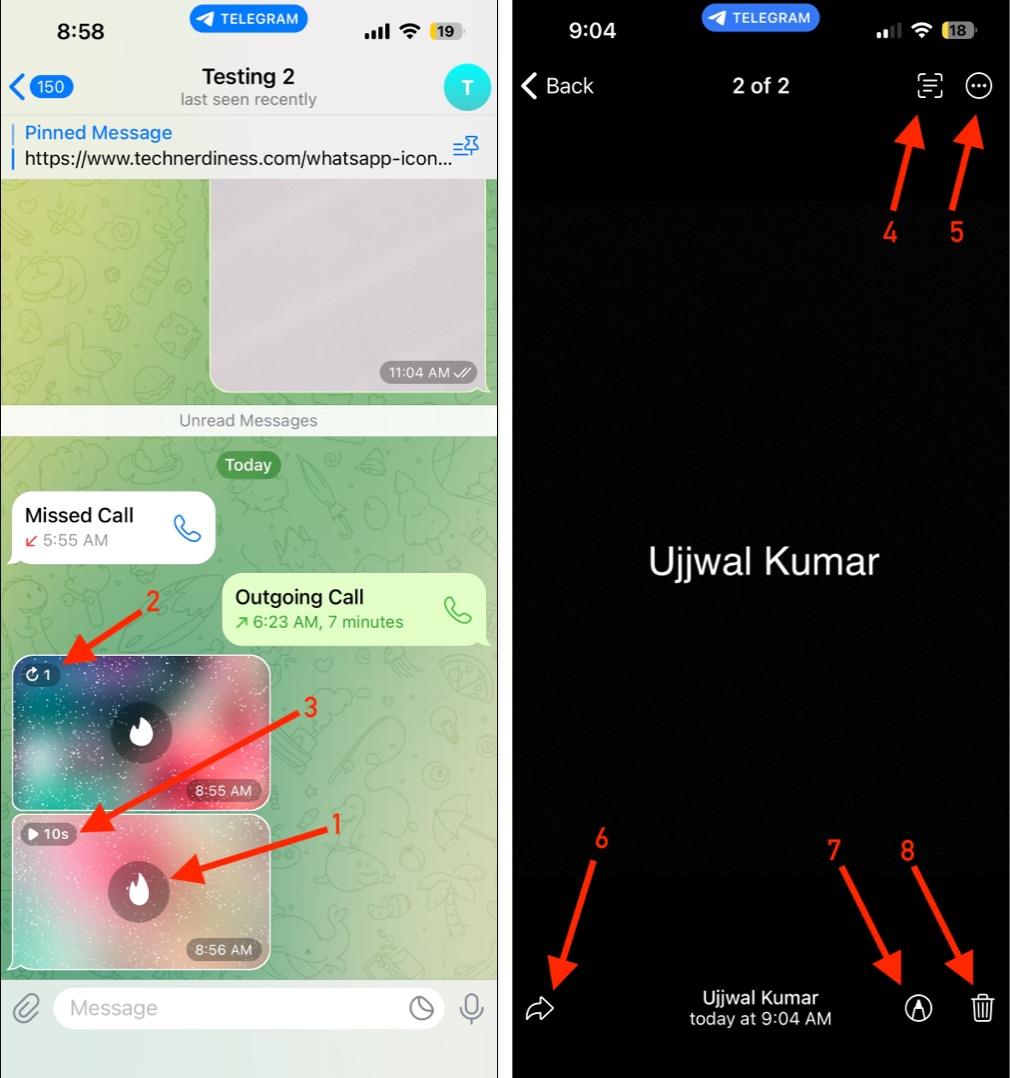 Icons while viewing and sending media on telegram