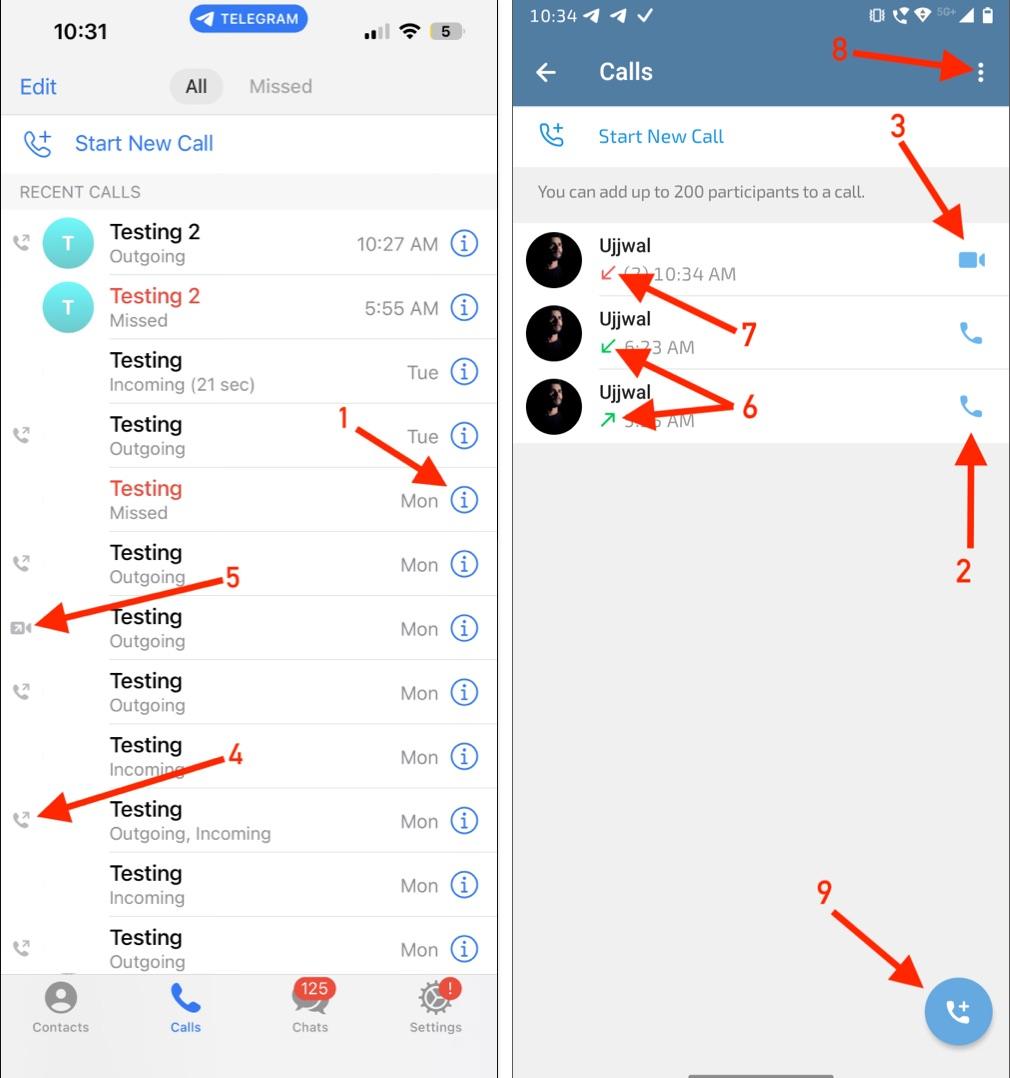 Icons and symbols on telegram calls page