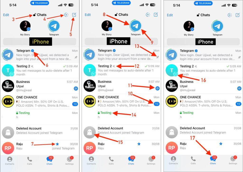 Icons and symbols on telegram chats page on iphone