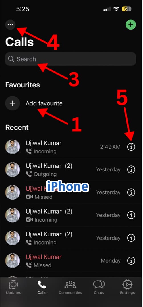 Icons and symbols on whatsapp calls page