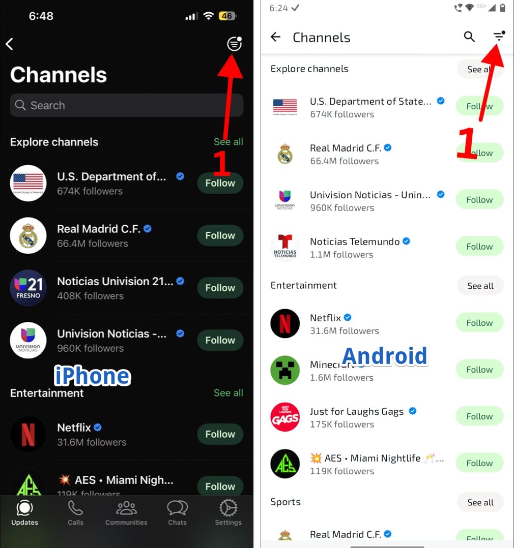 Icons in whatsapp channels section