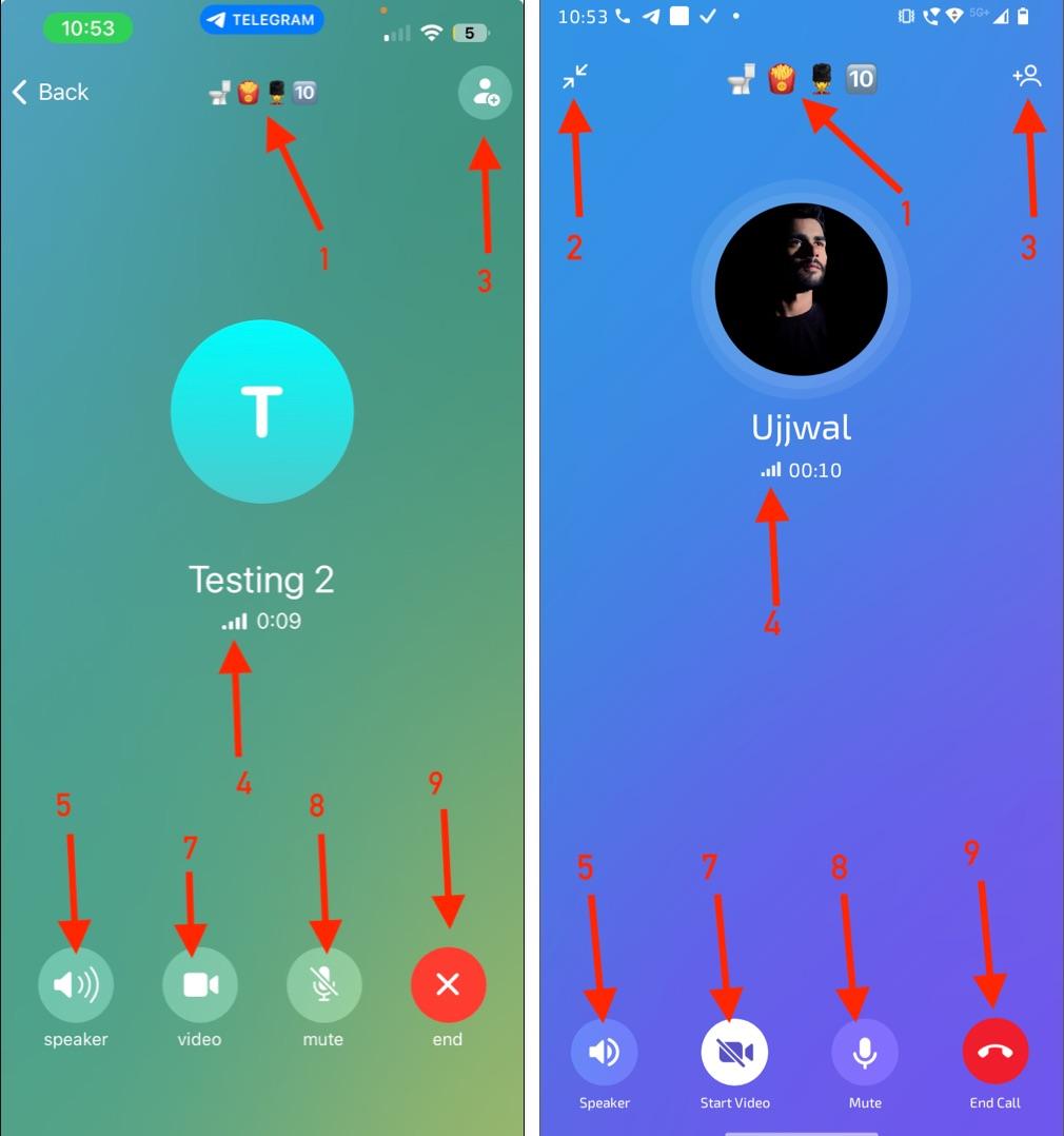 Icons on audio call screen on telegram
