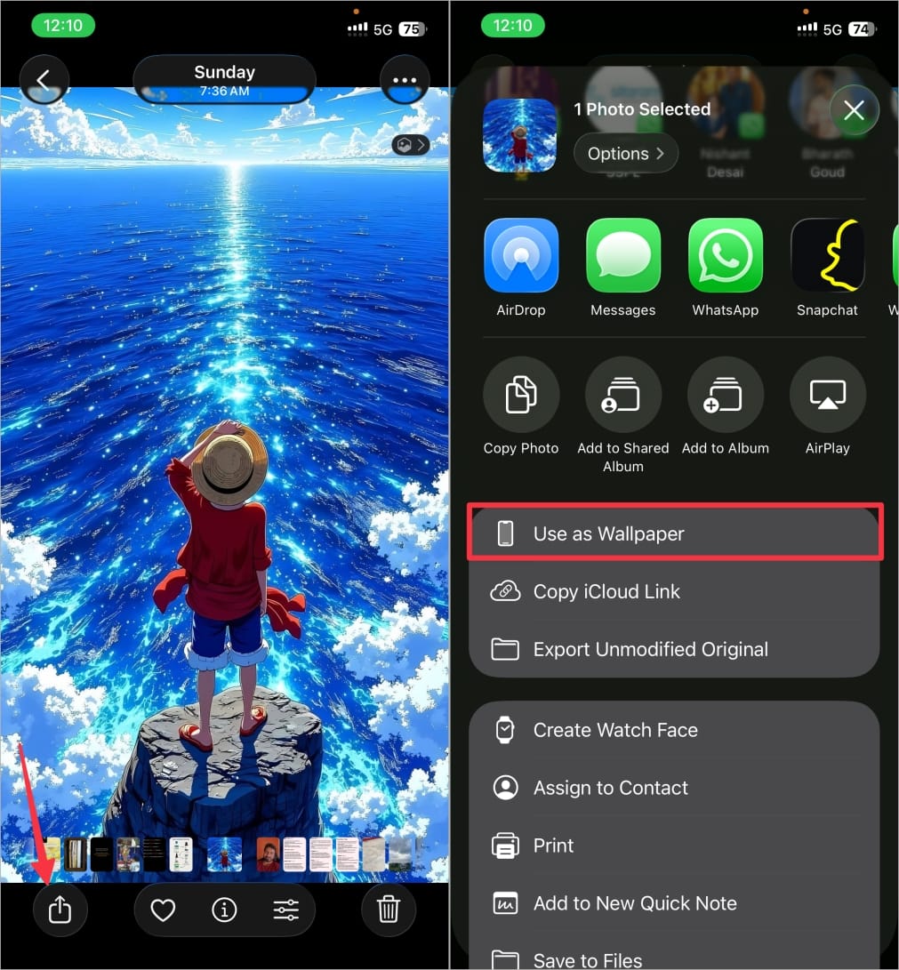 In Photos app tap Share and select Use as Wallpaper In photos app tap share and select use as wallpaper