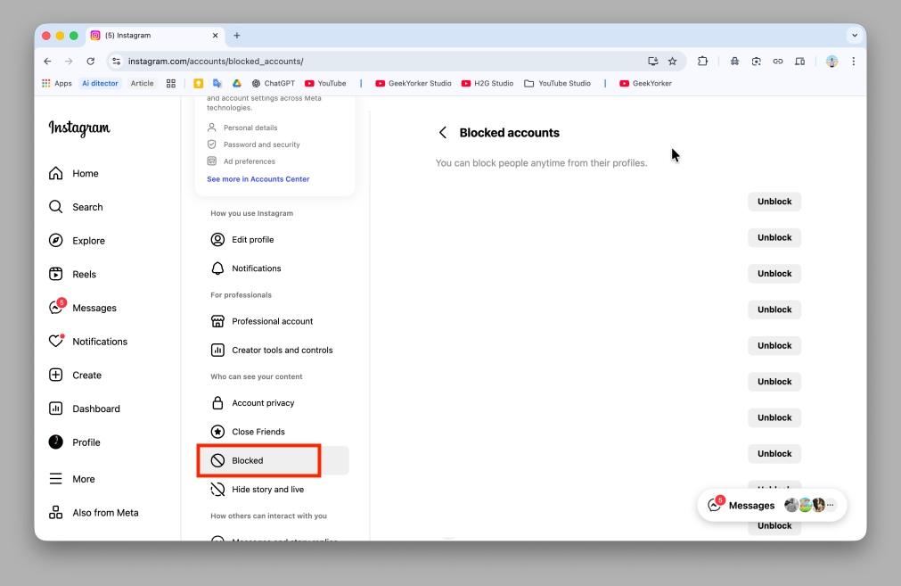 Instagram settings showing Blocked list with usernames to manage blocked account Instagram settings showing blocked list with usernames to manage blocked account