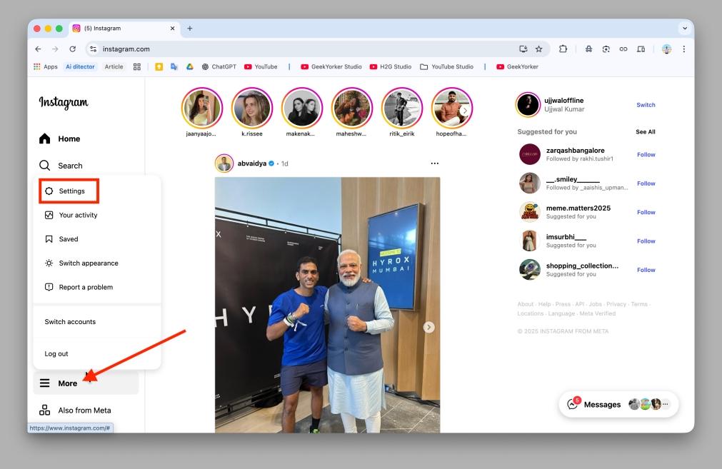 Instagram website in browser with More option highlighted on left panel Instagram website in browser with more option highlighted on left panel