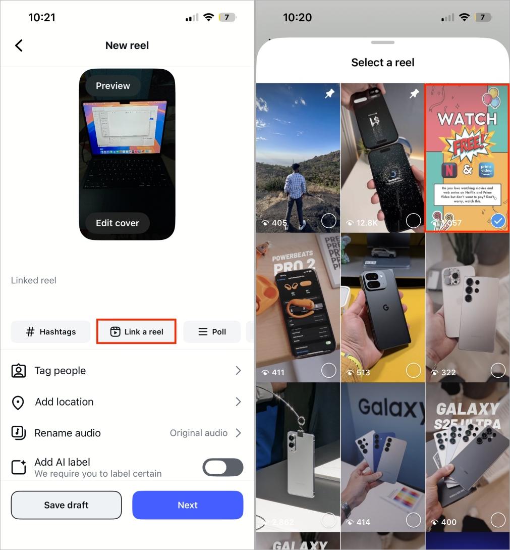 Link a reel while uploading on instagram app