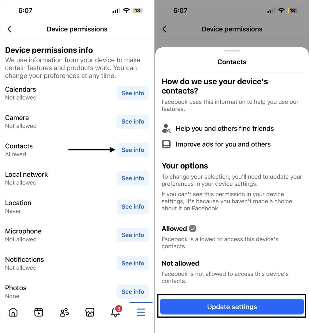 Manage facebook contacts by updating settings