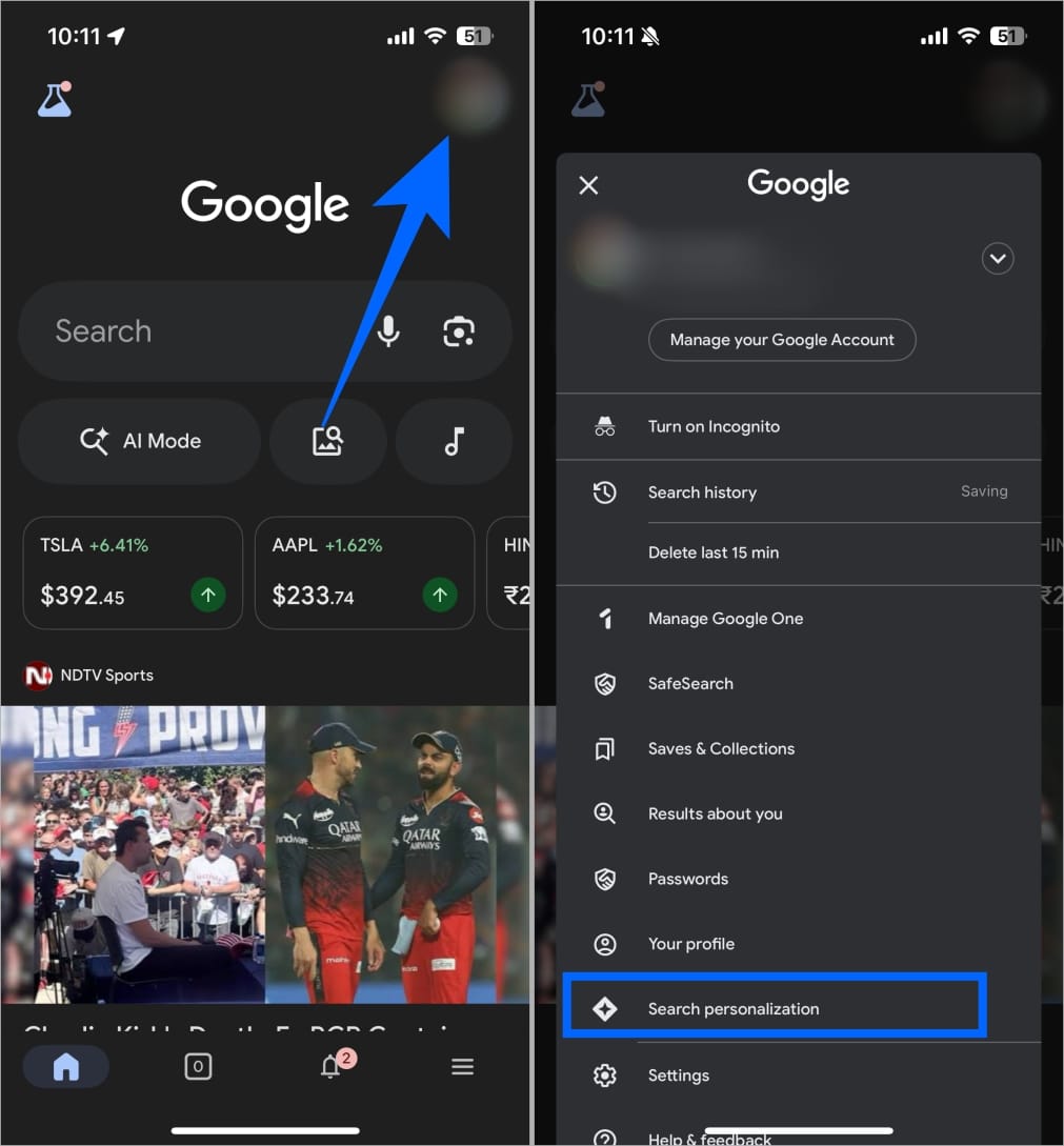 Open Google app tap profile picture and select Search Personalization on iPhone Open google app tap profile picture and select search personalization on iphone