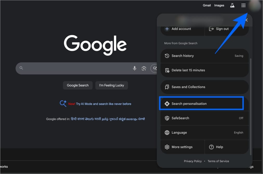 Open Googlecom click profile picture and select Search Personalization Open googlecom click profile picture and select search personalization