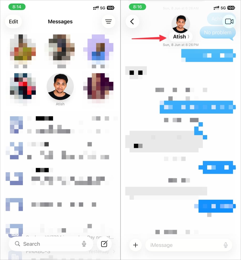 Open messages select conversation and tap contact name
