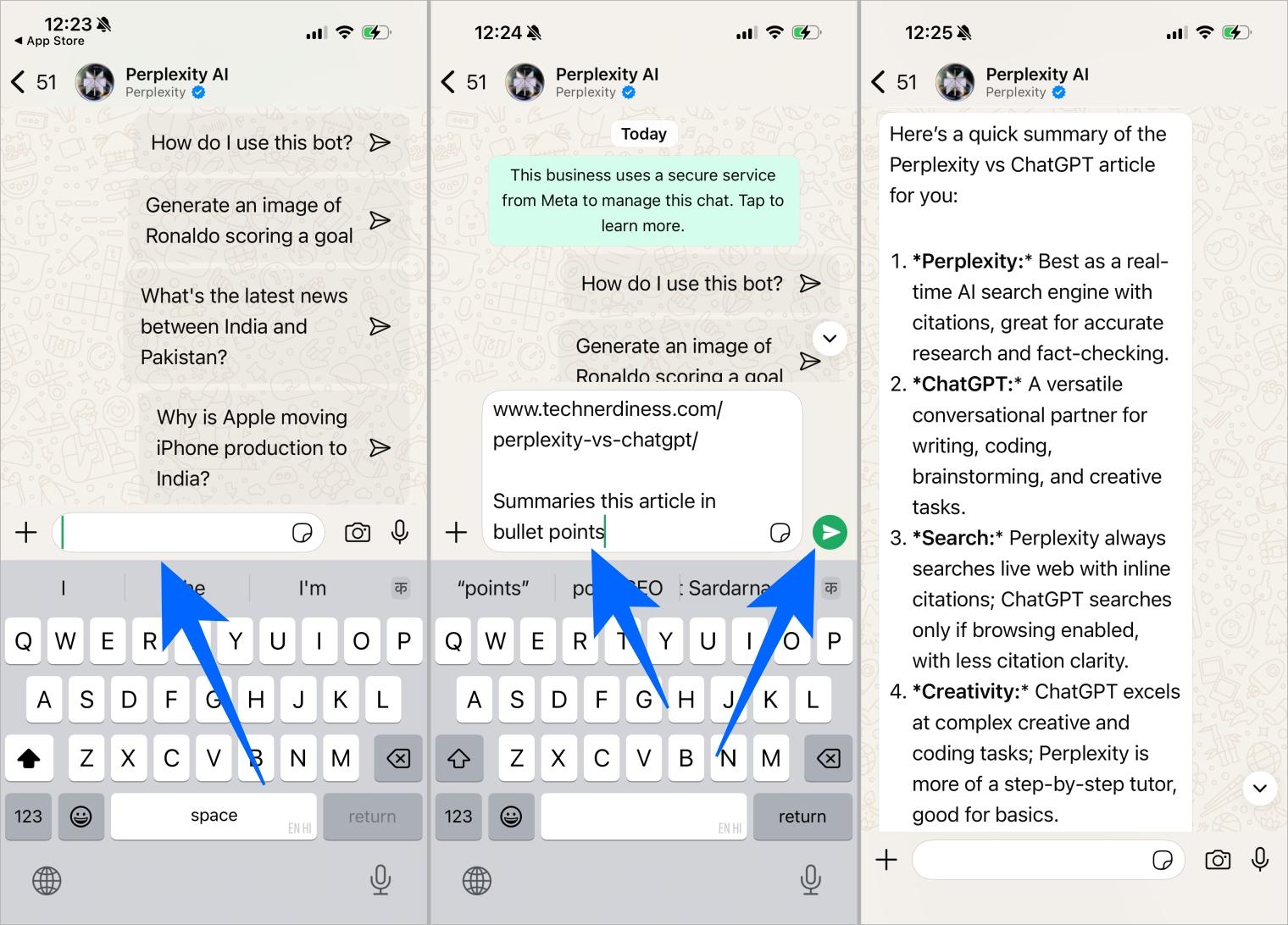 Open whatsapp and search for perplexity in your contacts tap the chat type your question and send it