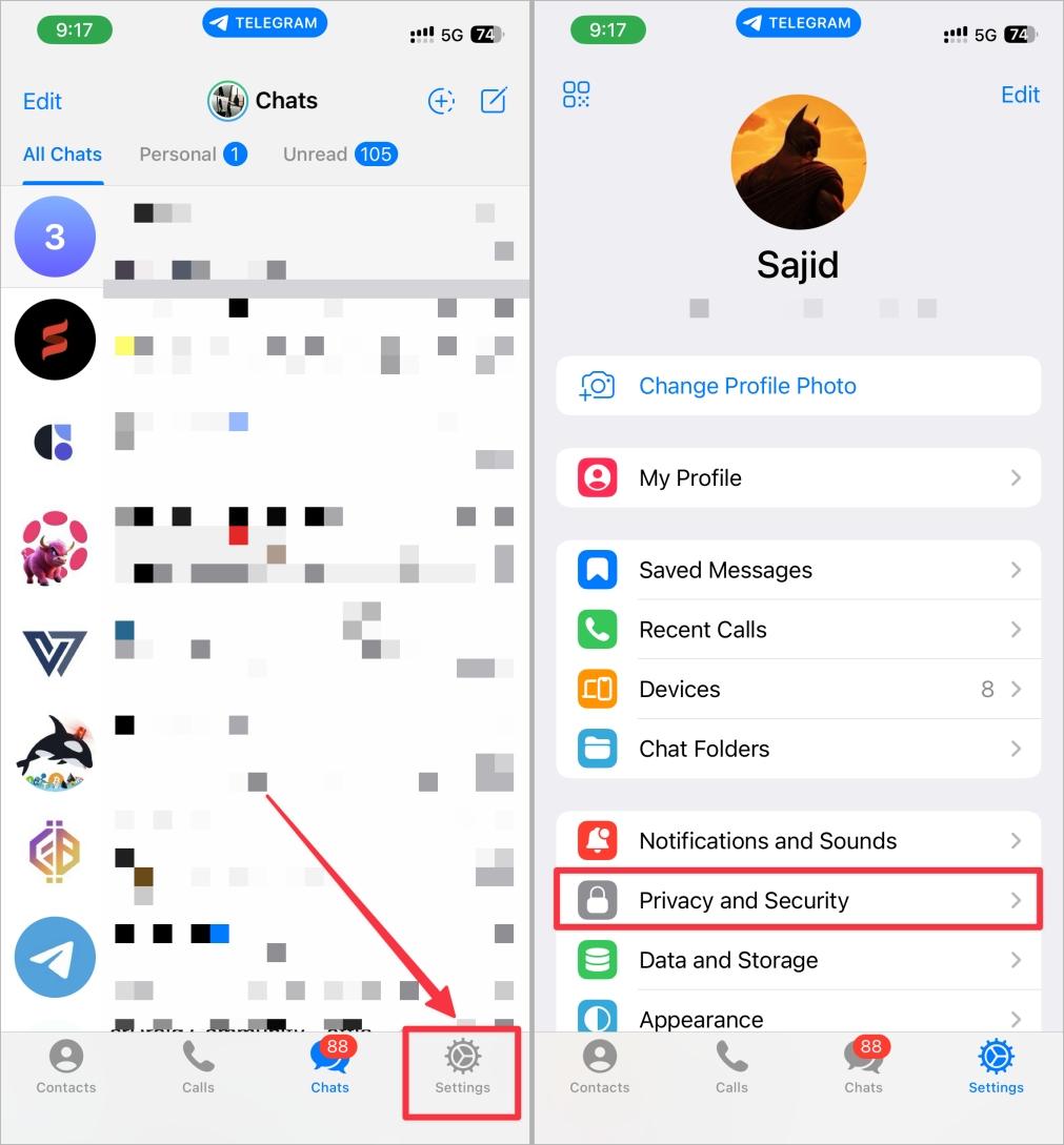 Open the telegram app go to settings and select privacy and security