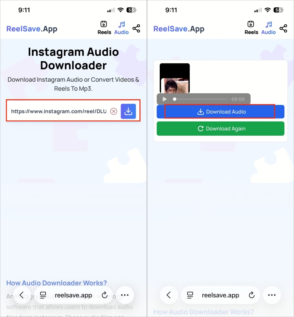 Paste Reel link on ReelSave website and tap Download to save audio Paste reel link on reelsave website and tap download to save audio
