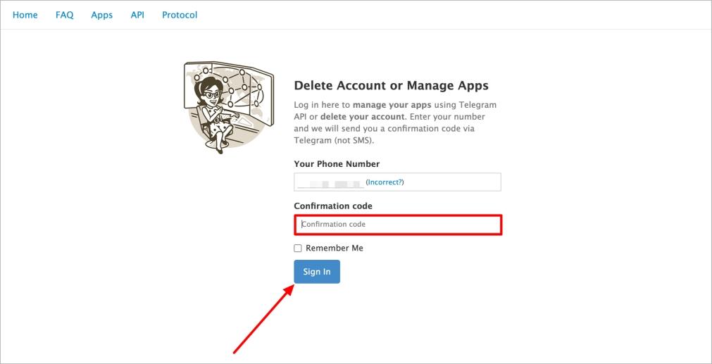 Paste telegram confirmation code in browser and click sign in
