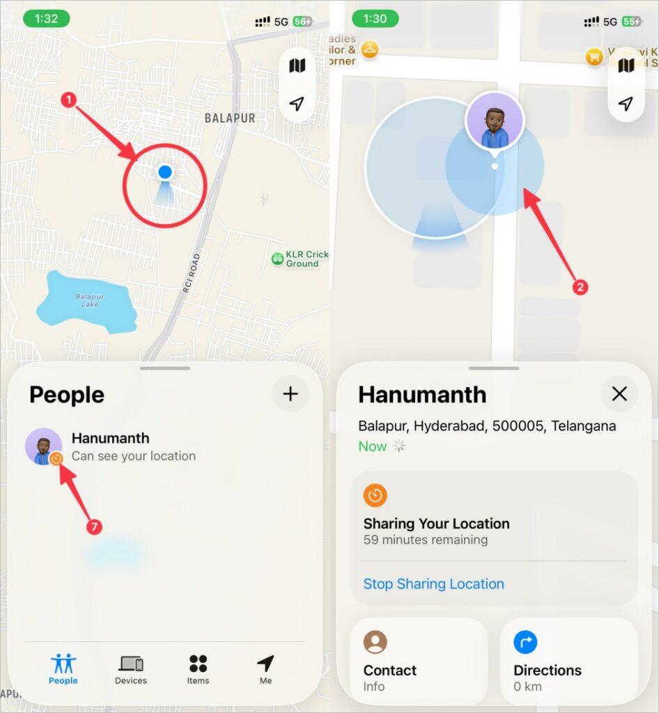 People and location sharing symbols in find my