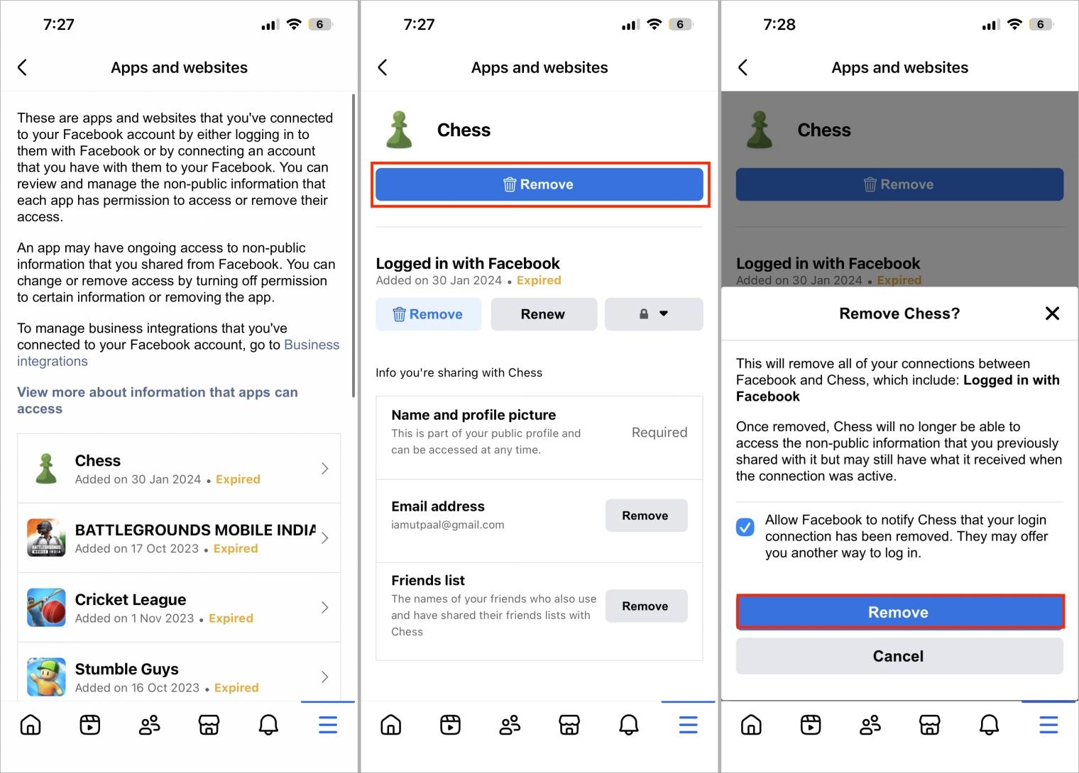 Remove third party apps connected to facebook account