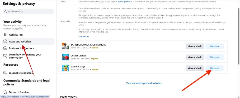 Review and remove connected apps and websites on facebook settings