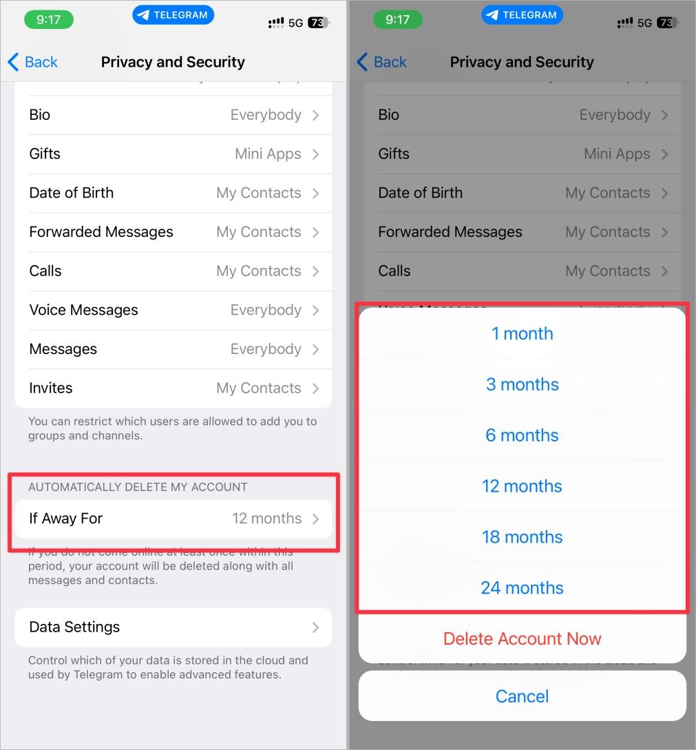 Scroll down in telegram settings tap delete my account if away for and choose inactivity period