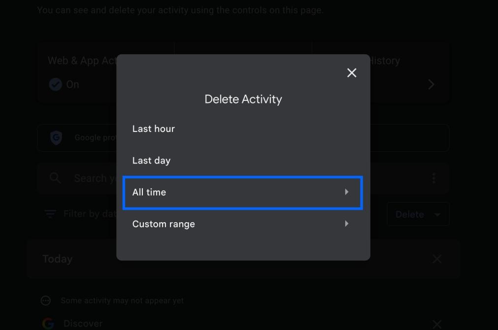 Select All time in Google Activity Page Select all time in google activity page