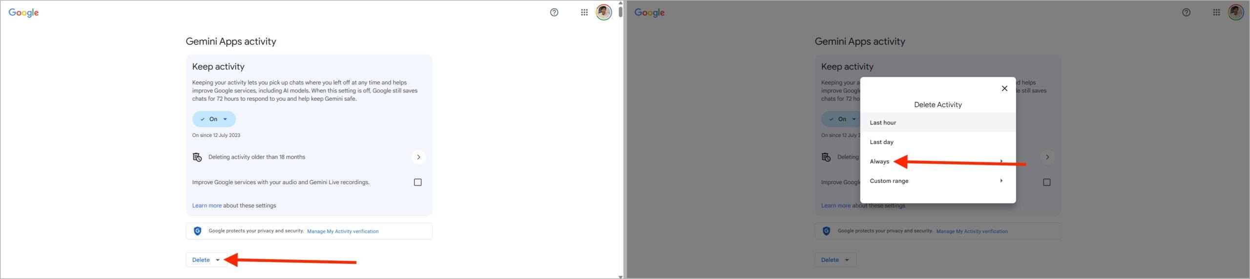 Select delete and always in gemini web