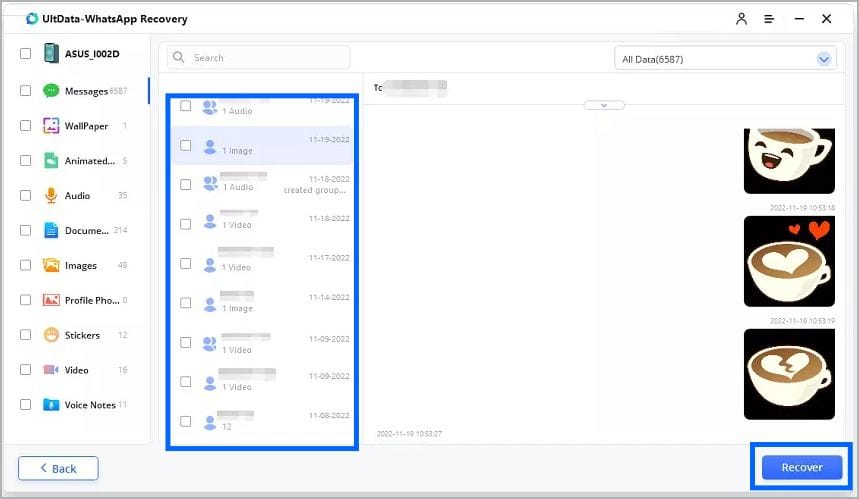 Select whatsapp chat data to restore and click recover