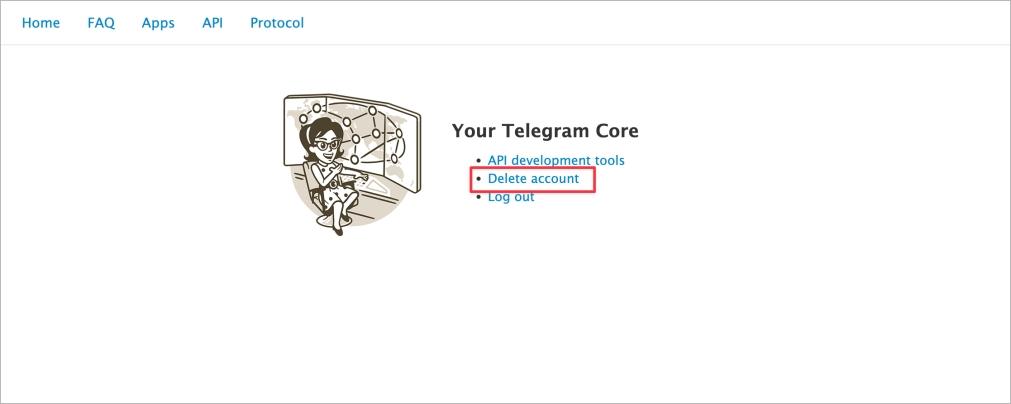 Select the delete account option on telegram settings page