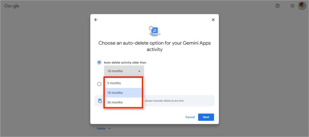 Set auto delete for old chats in gemini