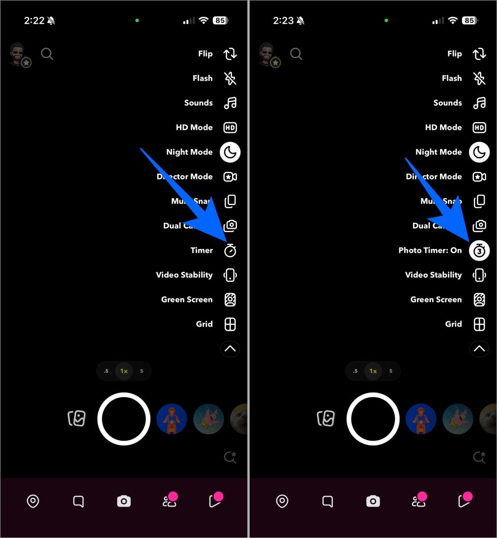 Snapchat video timer setting on camera screen
