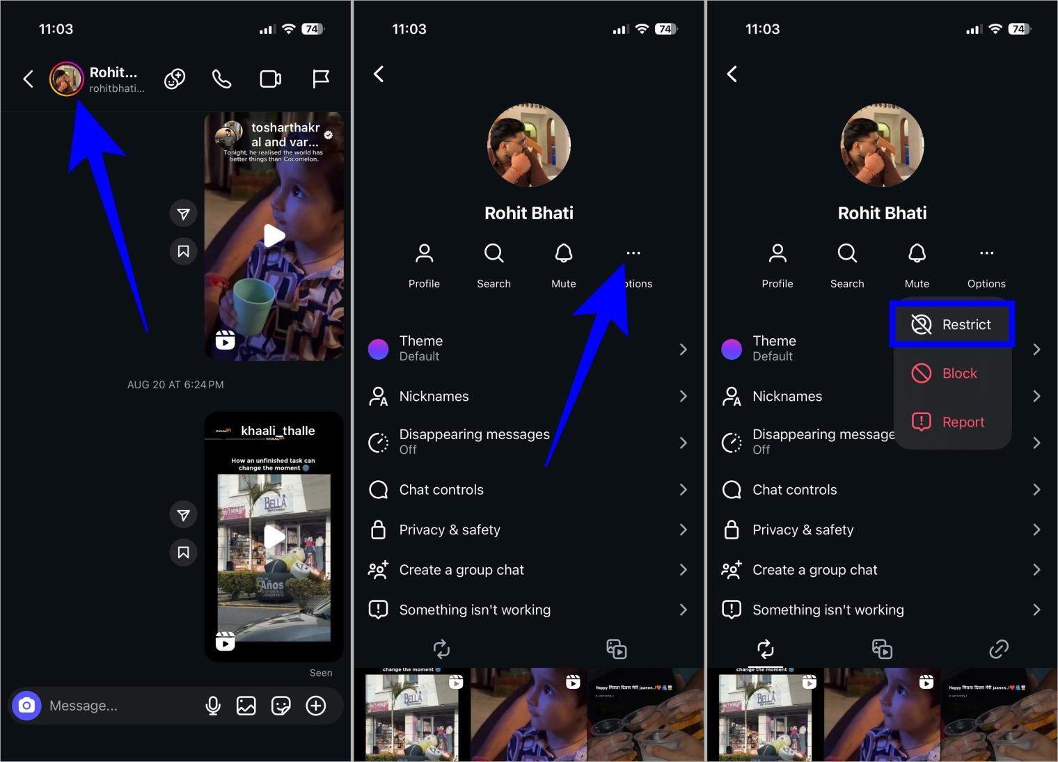 Steps to restrict someone on instagram from dms