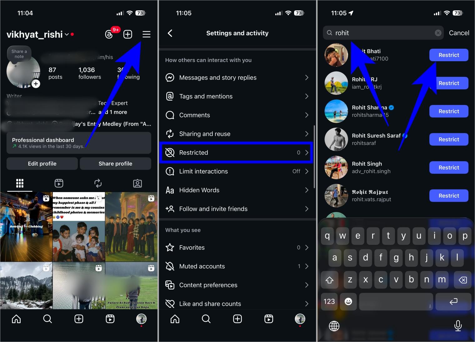 Steps to restrict someone on instagram from settings