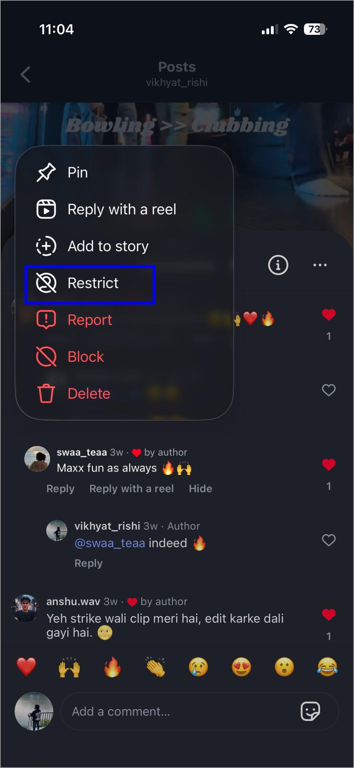 Steps to restrict someone on instagram via comments
