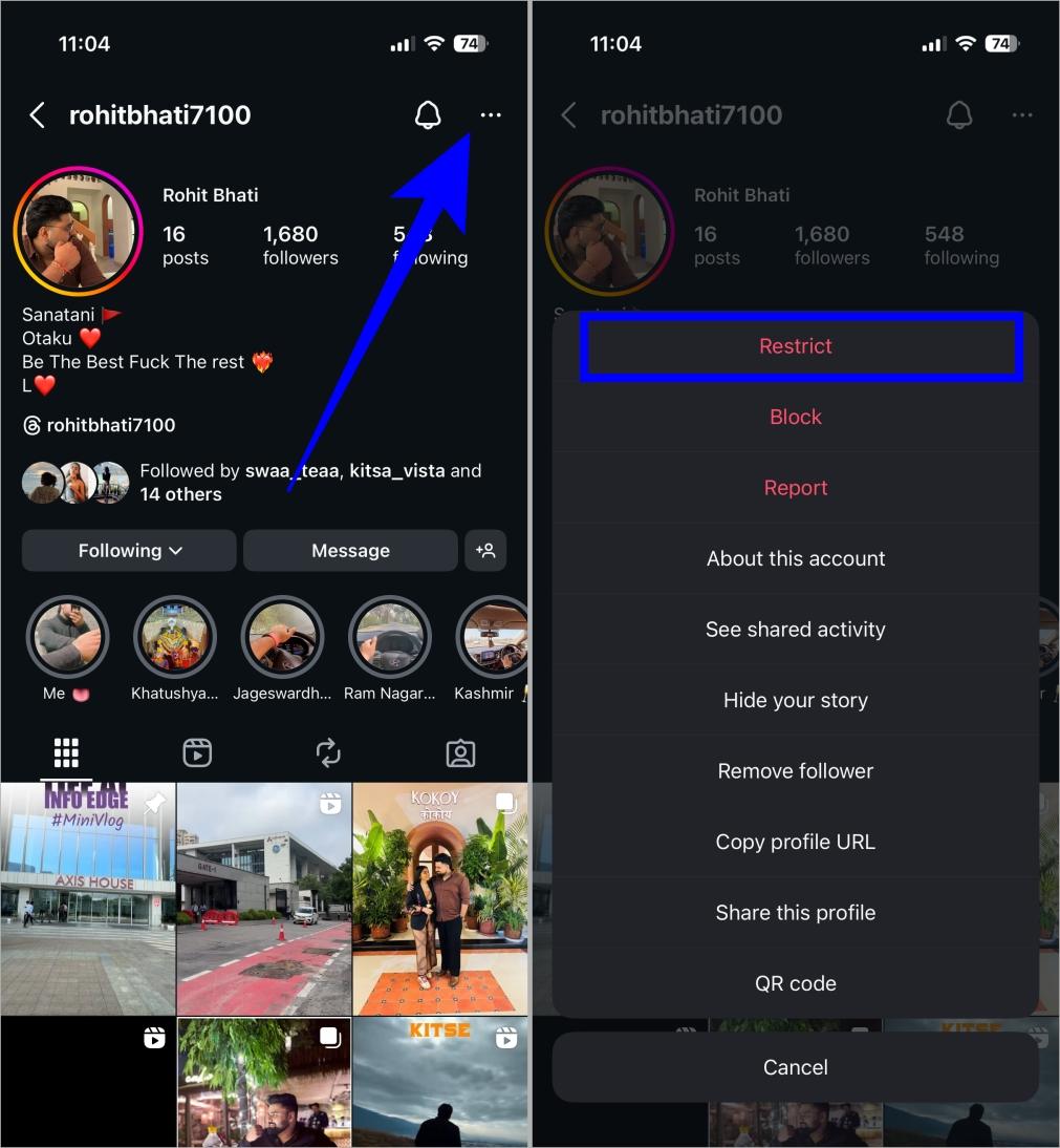 Steps to restrict someone on instagram via their profile