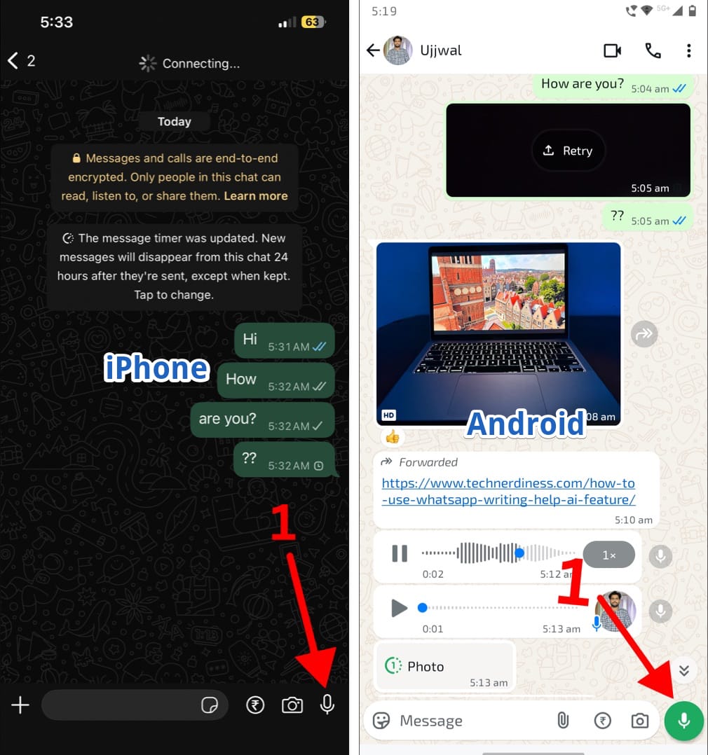 Symbols while sending a voice note to a chat in whatsapp