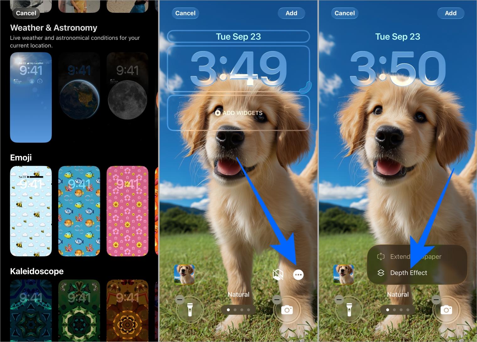 Tap three dots at bottom-right corner and toggle on Depth Effect Tap three dots at bottom right corner and toggle on depth effect