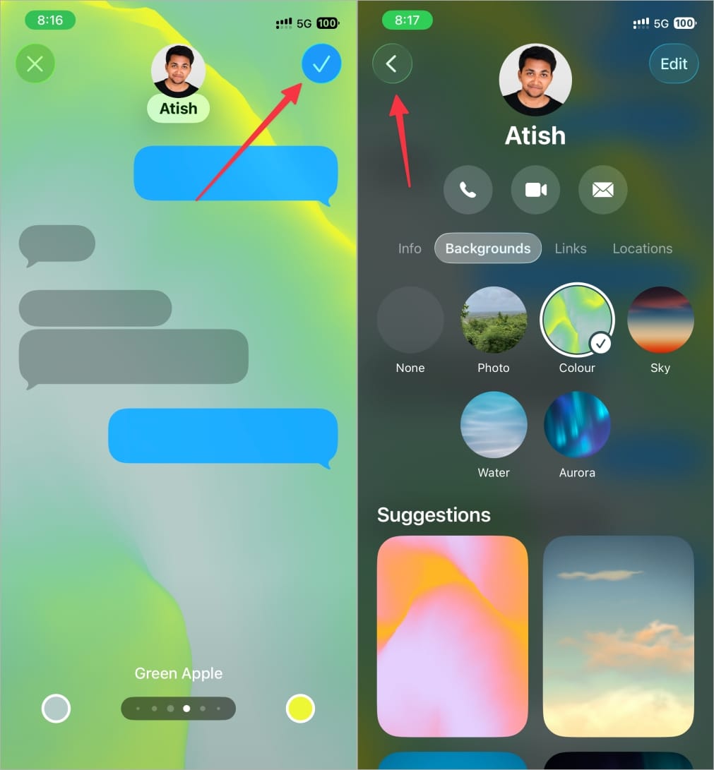 Tap tick to confirm background then return to conversation