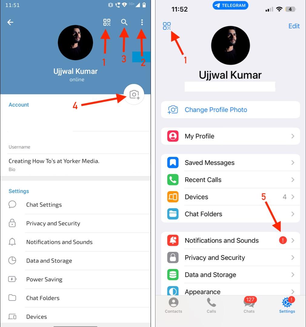 Telegram settings page icons