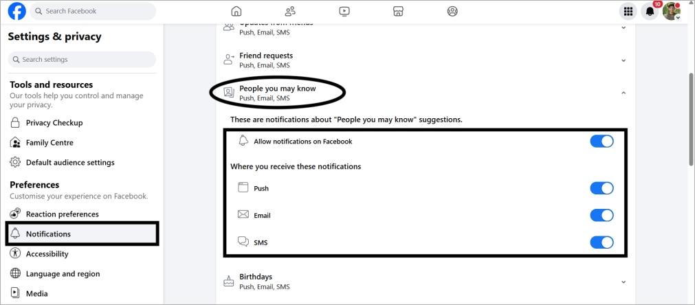 Turn off people you may know notifications on facebook web
