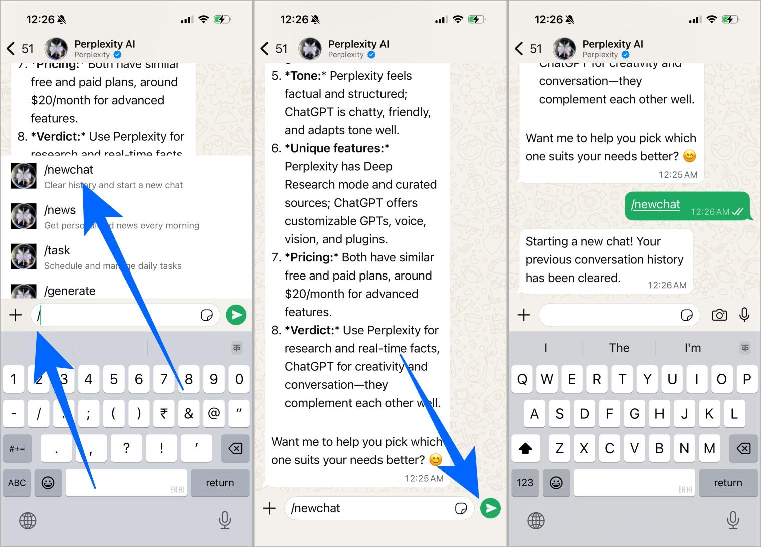 Type select newchat send to start fresh